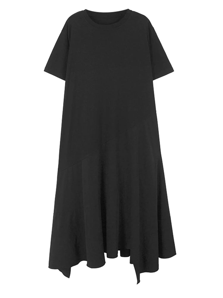 Women Black Khaki Irregular Spliced Big Size Long Dress New Round Neck Short Sleeve Fashion Spring Summer 2025 1DJ1119