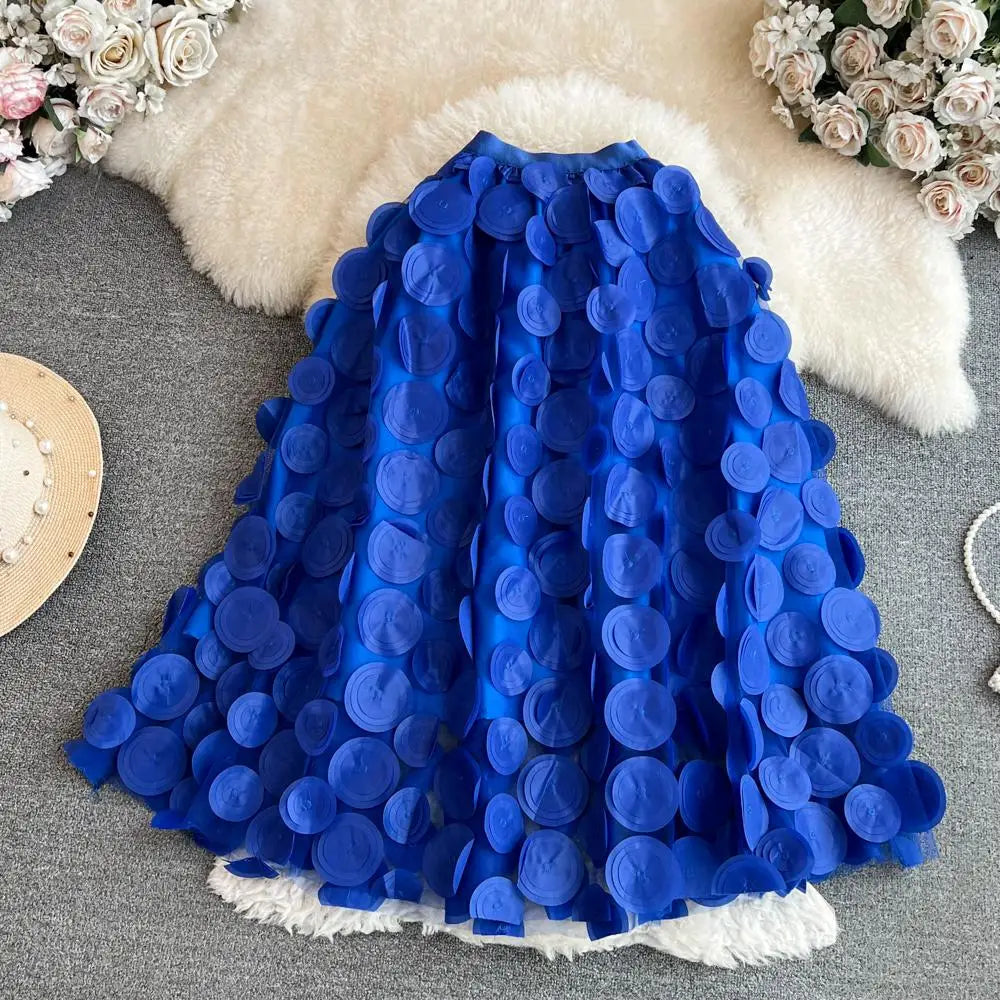 Solid 3d Flower Mesh Splicing Round Polka Dots Casual Skirt Spring Autumn Women Elastic High Waist Midi Skirt Kroean Style Trend