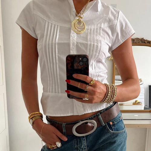 Load image into Gallery viewer, Solid Organ Pleated Summer Shirts Women Turn Down Collar A-Line Short Sleeve Blouse Y2K Aesthetic Girl Sweety Clothes

