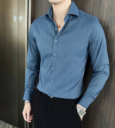 Men's Long Sleeve Shirt New Spring Business Windsor Collar Stylish Striped Male Single Breasted Clothing Handsome 9W1872