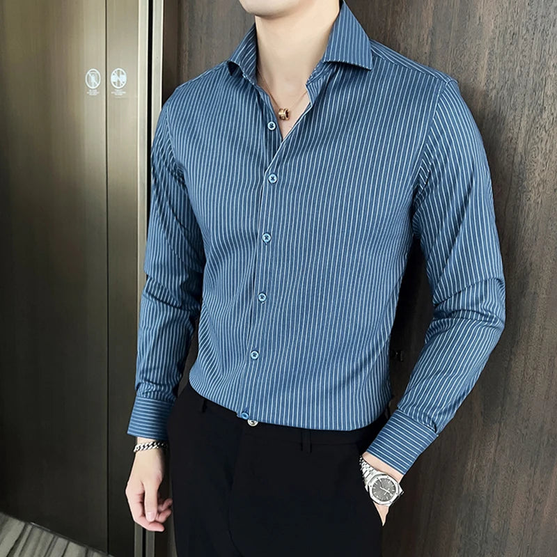 Men's Long Sleeve Shirt New Spring Business Windsor Collar Stylish Striped Male Single Breasted Clothing Handsome 9W1872