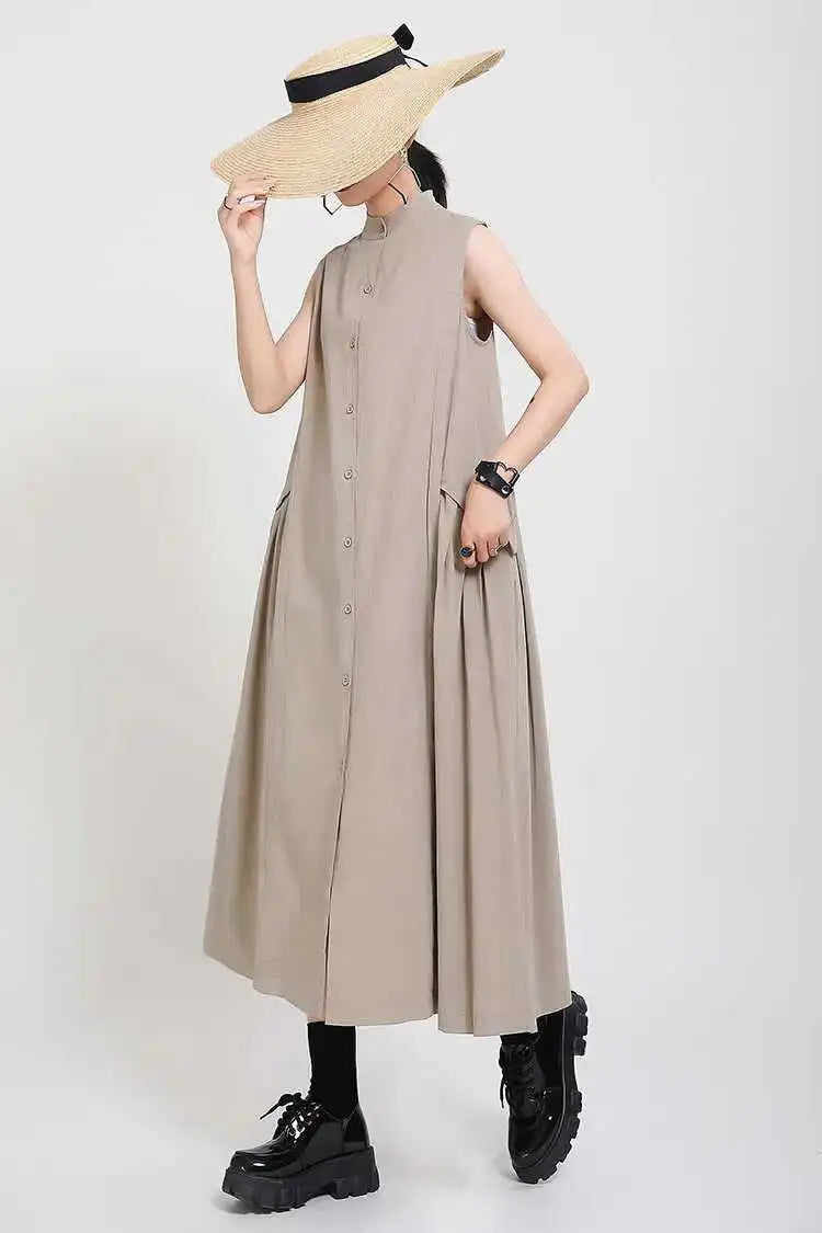 Women Khaki Split Pleated Long  Dress New Stand Collar Sleeveless Loose Fit Fashion Tide Spring Summer 2025 1Y353