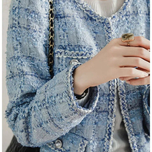 Load image into Gallery viewer, YK2 Streetwear Women&#39;s Elegant Blue Plaid Jacket Autumn Vintage Classic Long Sleeved Jacket Loose O-neck Fashion Women Jacket
