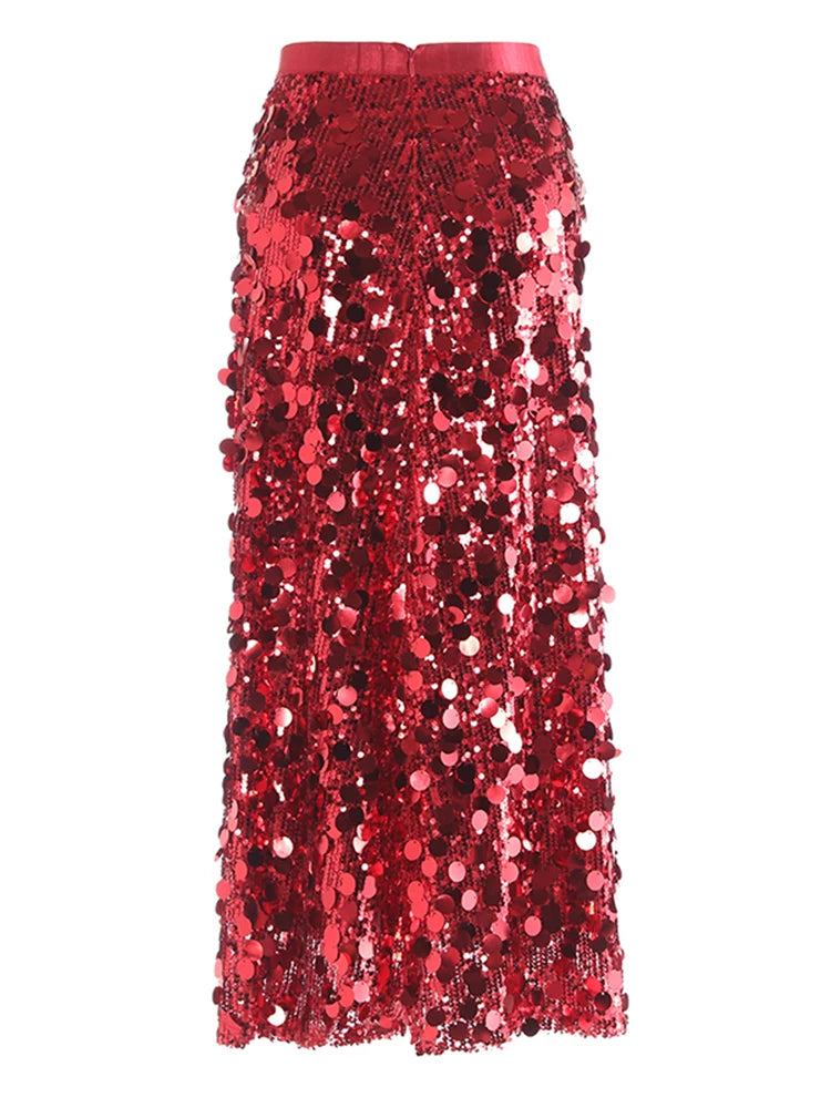 High Elastic Waist Sequins Shining Long Party Elegant Half-body Skirt Women Fashion Tide New Spring Autumn 2025 1DH9227