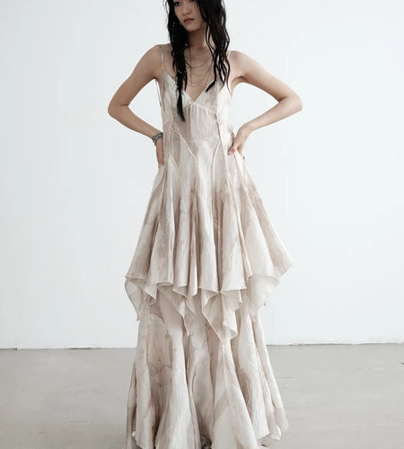 High Waist Apricot Printed Long Irregular Elegant Half-body Skirt Women Fashion Tide New Spring Autumn 2025 1DJ0013