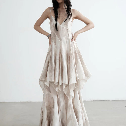 Load image into Gallery viewer, High Waist Apricot Printed Long Irregular Elegant Half-body Skirt Women Fashion Tide New Spring Autumn 2025 1DJ0013
