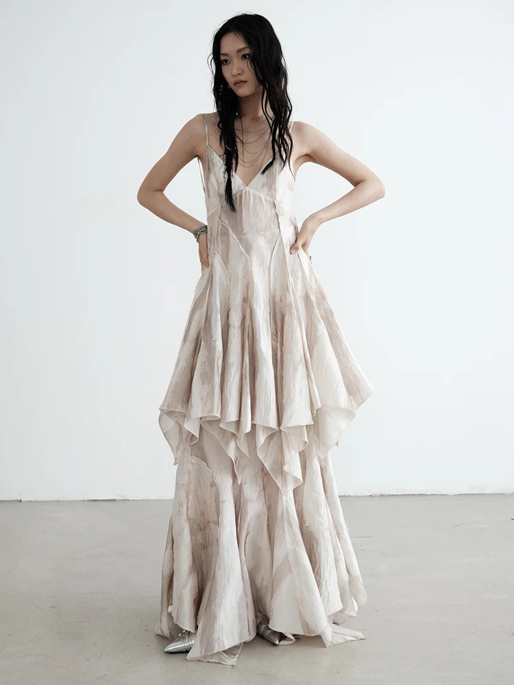 High Waist Apricot Printed Long Irregular Elegant Half-body Skirt Women Fashion Tide New Spring Autumn 2025 1DJ0013