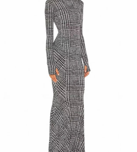 Hit Ccolor Slimming Spliced Plaid Fashion Dresses for Women High Neck Long Sleeves Temperament Dress Female Clothes