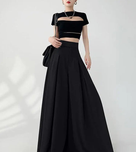 Women Black Elegant Wide Leg Long Pant Summer Brown High Waist Baggy Pleated Trousers Gray Pockets Fashion Simplicity Fashion