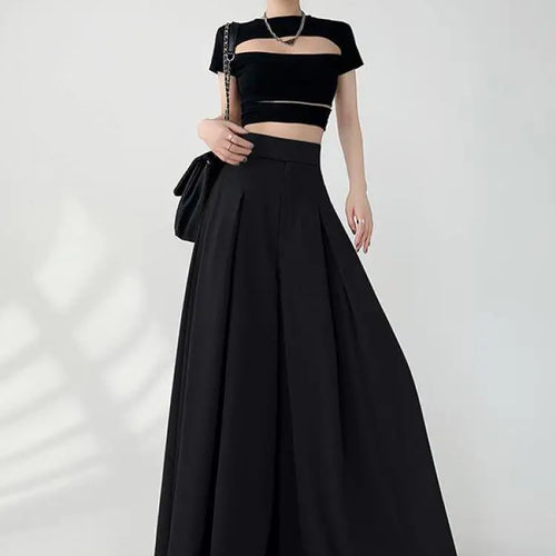 Load image into Gallery viewer, Women Black Elegant Wide Leg Long Pant Summer Brown High Waist Baggy Pleated Trousers Gray Pockets Fashion Simplicity Fashion
