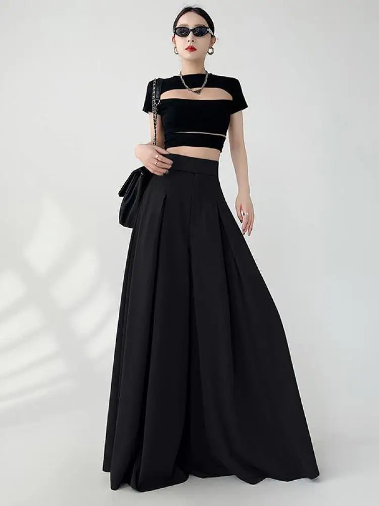 Women Black Elegant Wide Leg Long Pant Summer Brown High Waist Baggy Pleated Trousers Gray Pockets Fashion Simplicity Fashion