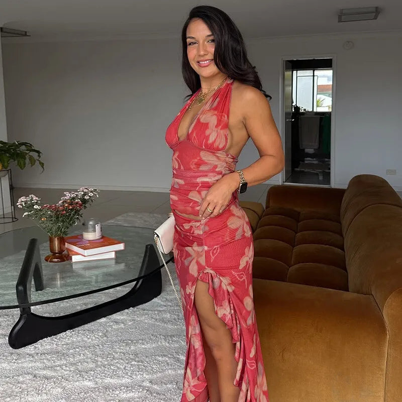 Halter Deep V Neck Ruffled Sexy Maxi Dress For Women Fashion Sleeveless Backless High Waist Bodycon Club Printed Dress