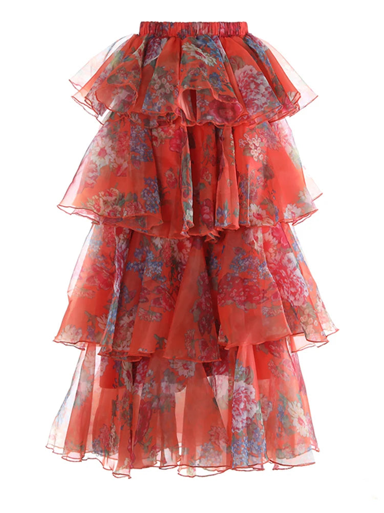 High Elastic Waist Red Printed Organza Layers Cake Half-body Skirt Women Fashion Tide New Spring Autumn 2025 1DJ1174