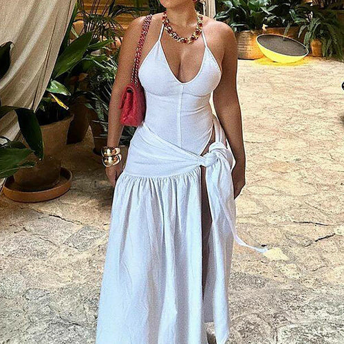 Load image into Gallery viewer, Fashion 2 Pcs Sets Solid White Backless Sexy Bodysuit Slit Bandage Pleated Maxi Skirt Women Outfits Festival Holiday
