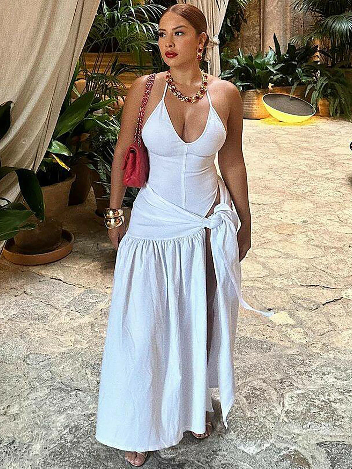 Fashion 2 Pcs Sets Solid White Backless Sexy Bodysuit Slit Bandage Pleated Maxi Skirt Women Outfits Festival Holiday