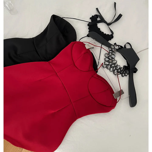 Load image into Gallery viewer, French Black Diamond Backless Halter Lace-up Short Dress Summer Red Sexy Club High Waist Elegant Sleeveless Party Evening Dress
