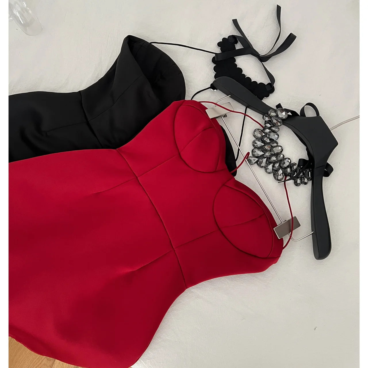 French Black Diamond Backless Halter Lace-up Short Dress Summer Red Sexy Club High Waist Elegant Sleeveless Party Evening Dress