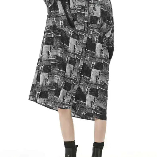 Load image into Gallery viewer, Women Black Pattern Printed Pocket Big Size Midi Shirt Dress New Lapel Long Sleeve Fashion Tide Spring Autumn 2025 1DH4102
