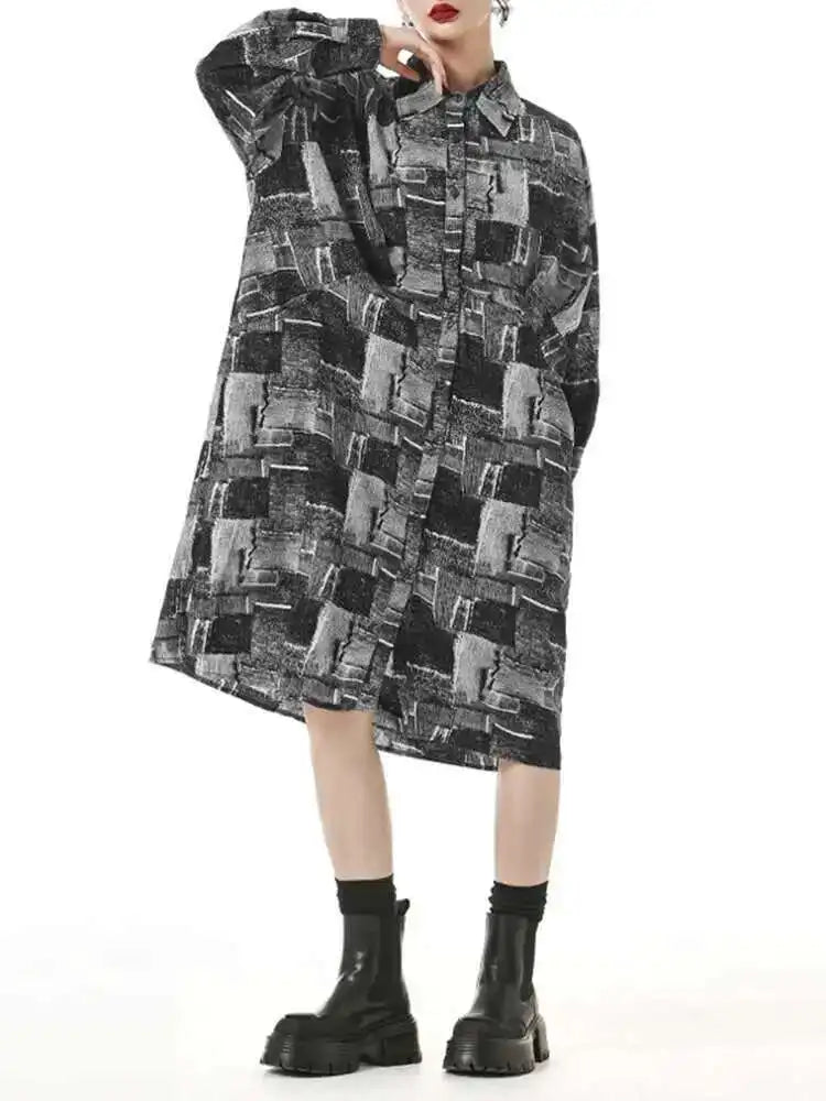 Women Black Pattern Printed Pocket Big Size Midi Shirt Dress New Lapel Long Sleeve Fashion Tide Spring Autumn 2025 1DH4102