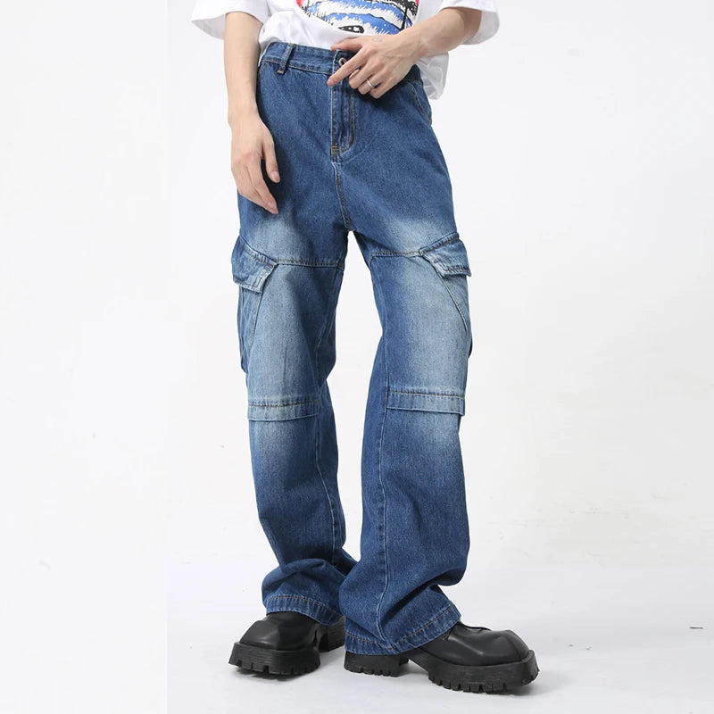 Men's Jeans Autumn Large Pocket Niche Design High Street Zipper Opening Fashion Casual Versatile Denim Pants C6306