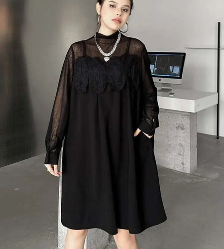 Women Black Mesh Lace Big Size Elegant Knee-Length Dress New Turtleneck Long Sleeve Fashion Spring Autumn 2025 1DH8734