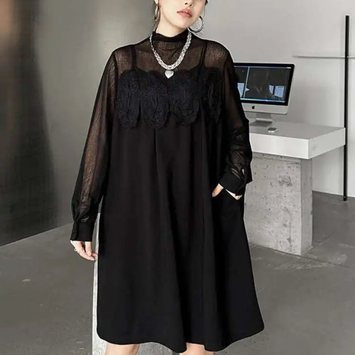 Load image into Gallery viewer, Women Black Mesh Lace Big Size Elegant Knee-Length Dress New Turtleneck Long Sleeve Fashion Spring Autumn 2025 1DH8734
