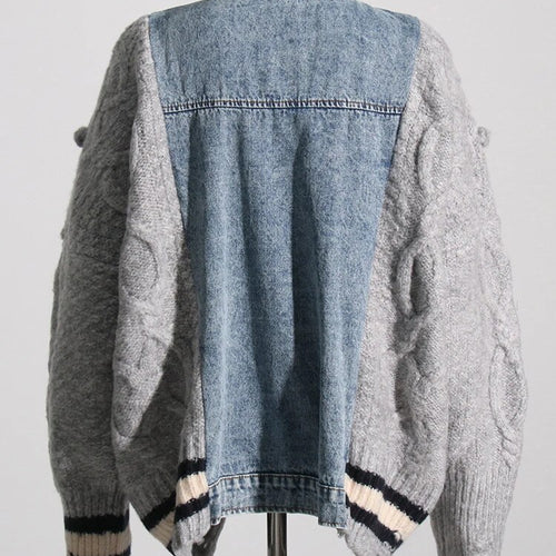 Load image into Gallery viewer, Patchwork Denim Sweater For Women Lapel Long Sleeve Single Breasted High Street Knitted Cardigan Female Clothes
