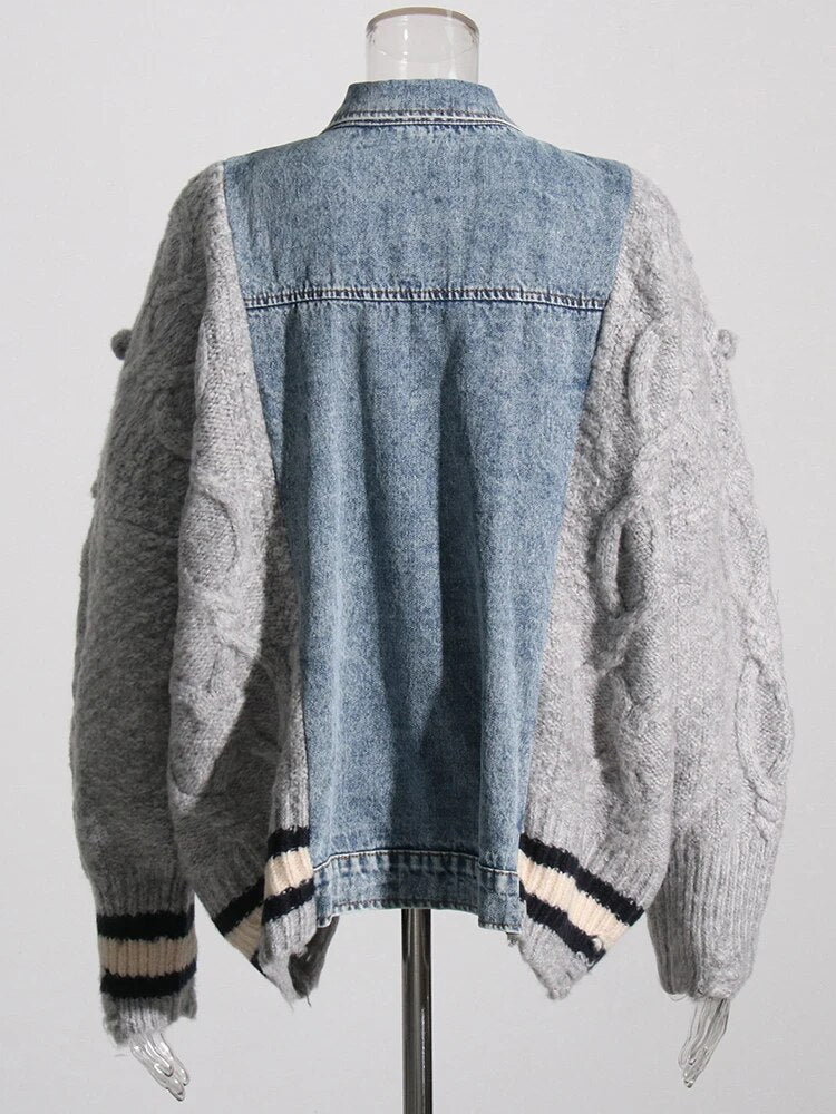 Patchwork Denim Sweater For Women Lapel Long Sleeve Single Breasted High Street Knitted Cardigan Female Clothes