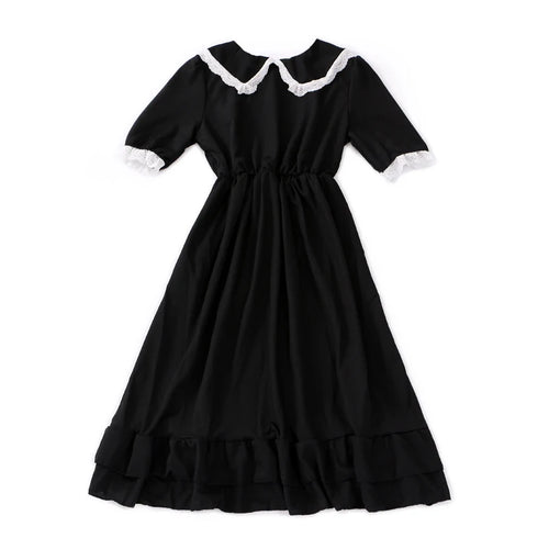 Load image into Gallery viewer, Autumn Black Kawaii Lolita Style Dress Mori Girl Fairy Cute Lolita Peter Pan Collar Puff Sleeve Dress Fashion Women
