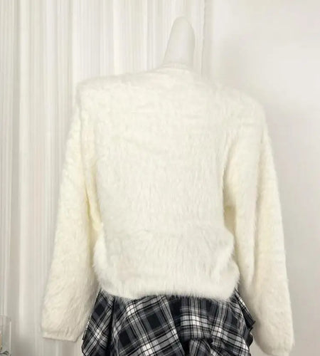 Autumn Winter White Mink Hairball Decoration Short Knitted Sweater Women Round Neck Vacation Long Sleeves Pullover Tops Street