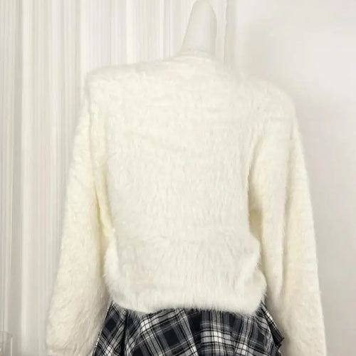 Load image into Gallery viewer, Autumn Winter White Mink Hairball Decoration Short Knitted Sweater Women Round Neck Vacation Long Sleeves Pullover Tops Street
