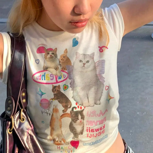 Load image into Gallery viewer, Y2k Aesthetics Crop Top Kawaii Cat Print T-shirt 2000s Cute Kitty Short Sleeve Tee Shirt Harajuku Fairycore Tshirt Sweet
