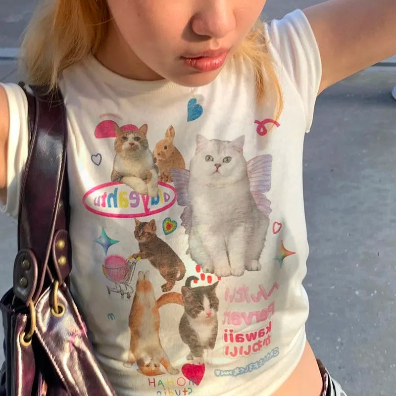 Y2k Aesthetics Crop Top Kawaii Cat Print T-shirt 2000s Cute Kitty Short Sleeve Tee Shirt Harajuku Fairycore Tshirt Sweet