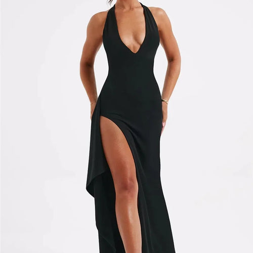 Load image into Gallery viewer, Deep V Neck Thigh High Split Maxi Dress Women Halter Sleeveless Backless Bodycon Club Party Sexy Long Dress New
