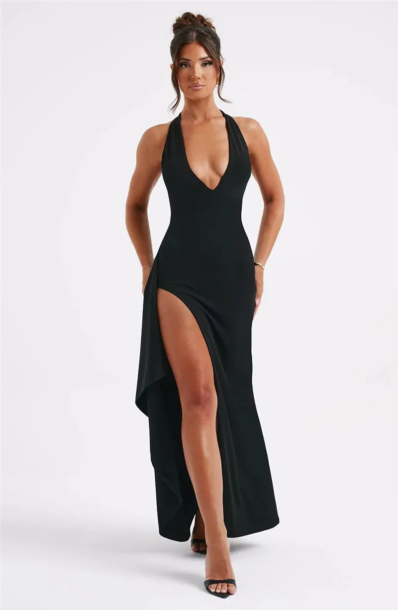 Deep V Neck Thigh High Split Maxi Dress Women Halter Sleeveless Backless Bodycon Club Party Sexy Long Dress New