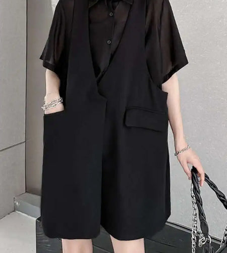 Women Black Pocket Perspective Big Size Mini Shirt Dress New Lapel Half Sleeve Fashion Tide Spring Autumn 2025 1DH5144