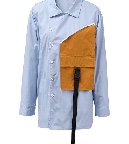 Women Blue Color-block Pocket Buckle Big Size Blouse New Lapel Long Sleeve Shirt Fashion Tide Spring Autumn 2025 CPG2138