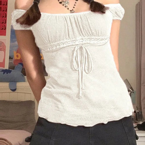 Load image into Gallery viewer, 2000s Aesthetic Sweet Lace Tops Women Off Shoulder Drawstring T-shirt Korean Fashion Female Tee Fairy Grunge Streetwear
