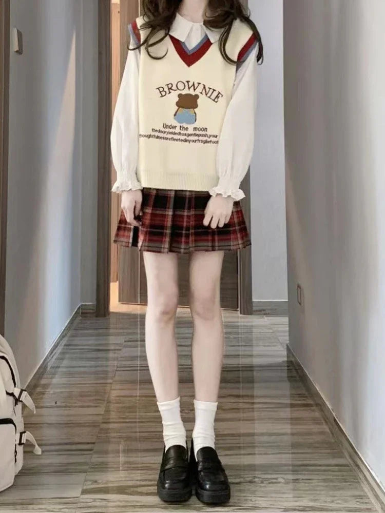 Cartoon Embroidery Sweater Vest Women Kawaii Waistcoat Streetwear Knitted Fashion College All-match Harajuku Y2k Vests Chandails