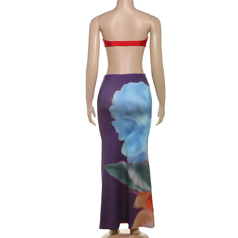 Elegant Beach Sexy Skirt Two Piece Sets Women Strapless Tops And Maxi Skirt Female Print Vacation Club 2 Piece Set