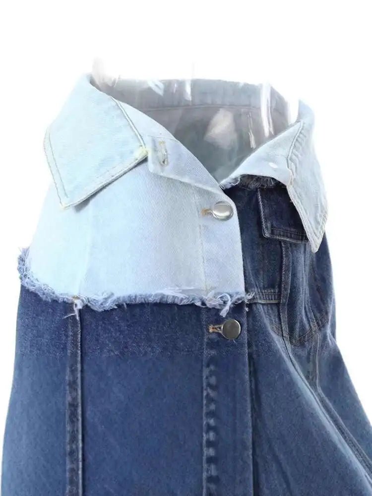 High Waist Blue Denim Fold Color-block Burr Casual Half-body Skirt Women Fashion Tide New Spring Autumn 2025 7AB6481