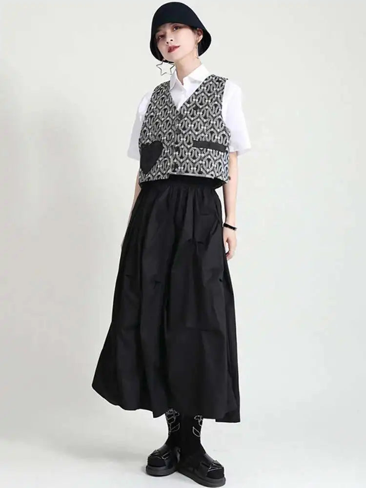 Black Casual Irregular Ruched High Elastic Waist Midi Half-body Skirt Women Fashion Tide New Spring Summer 2025 1DD8525