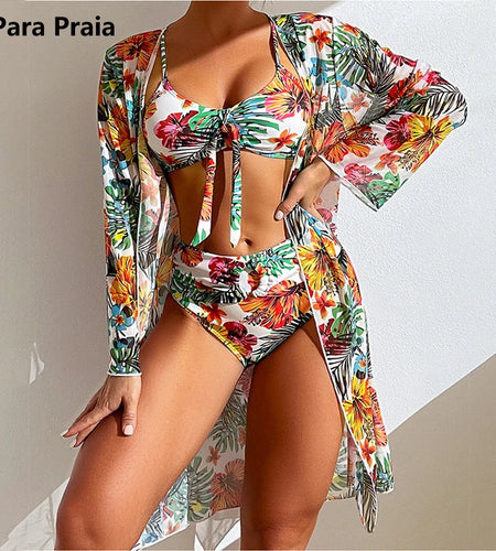 Sexy Brazilian Bikini 2024 Three Piece Swimsuit with Long Sleeve Dress Thong Swimwear Women Biquini Beachwear