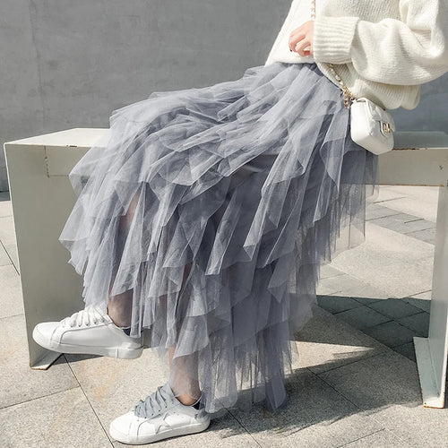 Load image into Gallery viewer, Spring Summer French Fashion Vintage Solid Mesh Slim Fairy Long Skirt Women High Waist Elegant Party Pleated A-line Skirt Simple
