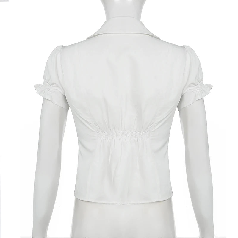 Fashion Chic White Women Blouse Top Slim Ruched Cropped Shirts Summer Cardigan Buttons French Korean Puff Sleeve New