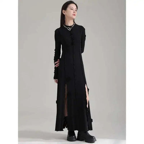 Load image into Gallery viewer, Women Black Flower Elegant Slit Long Dress New Turtleneck Long Sleeve Loose Fit Fashion Tide Spring Autumn 2025 1DH1870
