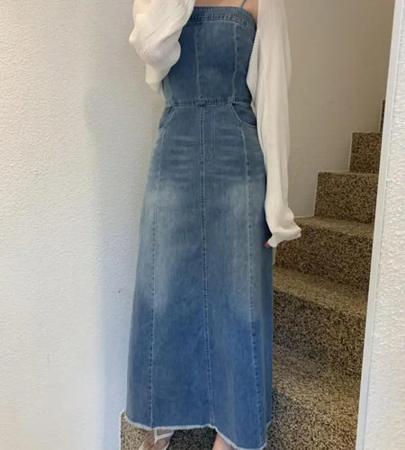 New Summer Women Vintage Casual Sexy Club Slip Denim Dress Fashion High Waist Long Dress Lady Slim A-line Pockets Jean Dresses
