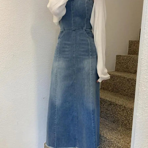 Load image into Gallery viewer, New Summer Women Vintage Casual Sexy Club Slip Denim Dress Fashion High Waist Long Dress Lady Slim A-line Pockets Jean Dresses
