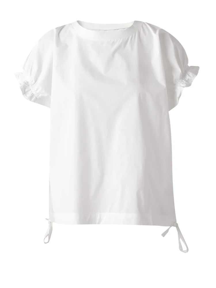 Women White Ruffles Bandage Big Size Blouse New Round Neck Short Sleeve Shirt Fashion Tide Spring Summer 2025 CPG3168
