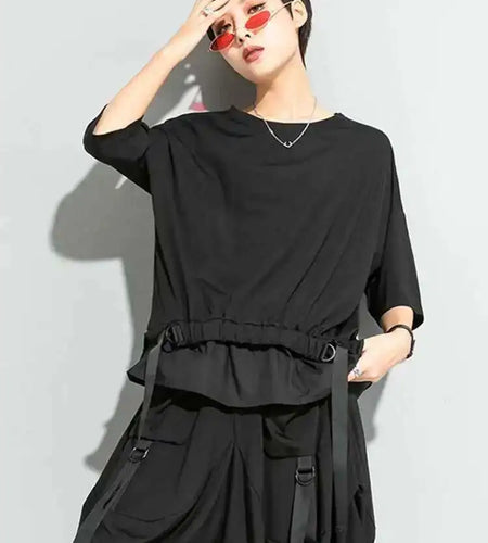 Women Black Irregular Ribbon Big Size T-shirt New Round Neck Half Sleeve  Fashion Tide  Spring Summer 2025 1DD5759
